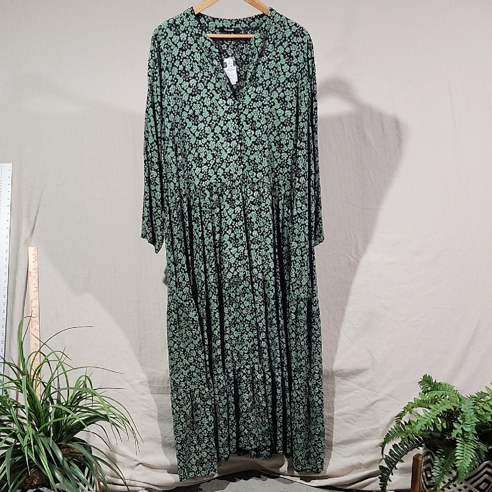 Madewell Black and Green Floral Midi Dress